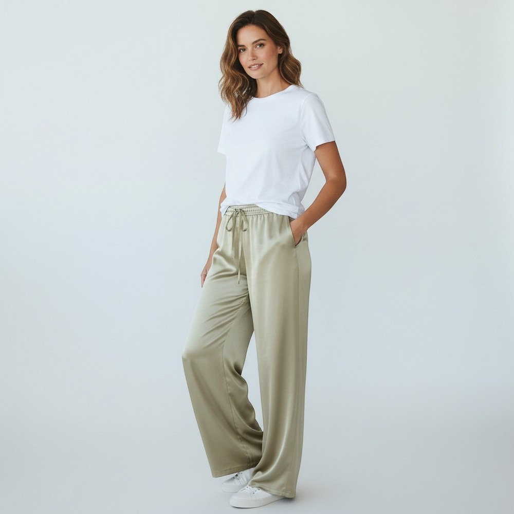 Sage Green Satin Wide Leg Drawstring Lounge Pants Medium
